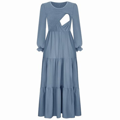 CzzzyL Women's Nursing Dress Smocked Bodice Ruched Midi with Pockets - color: Blue, size: Medium