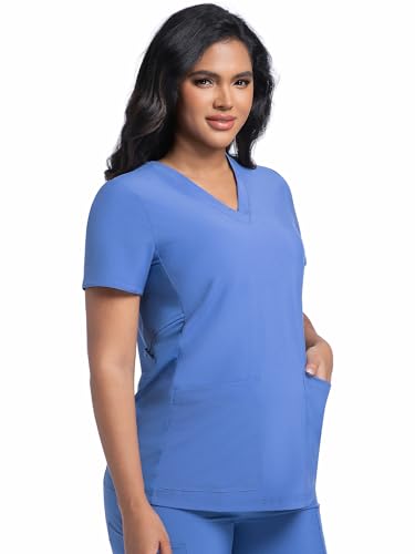 COZYFIT Maternity Scrub Top, V-Neck Pregnancy Shirt with 2 Pockets - color: Ceil Blue, size: Medium