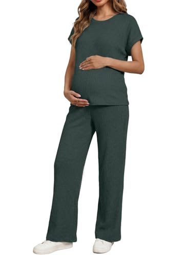 BLENCOT Maternity Sets Summer Ribbed Knit Pajamas Outfits - color: Dark Green, size: Medium