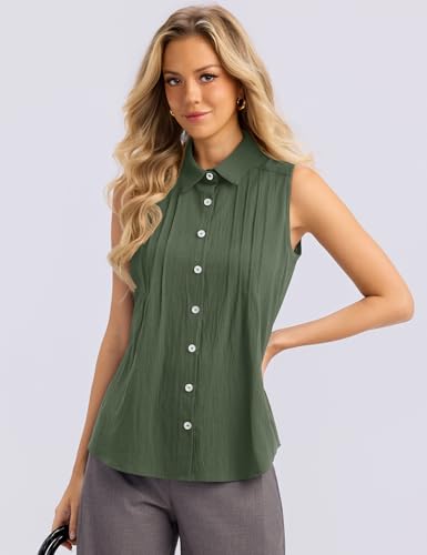 LOMON Women’s Summer Sleeveless Button Down Shirt Office Collared Blouses with Pleated Front Casual Basic Tank Tops - color: Amy Green（cotton）, size: Medium