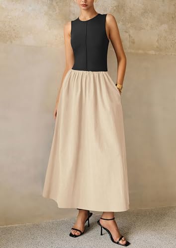 PRETTYGARDEN Pleated Maxi Dresses for Women with Pockets - color: Beige Black, size: Large