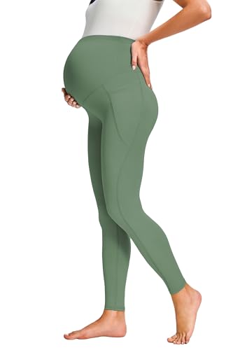 JOYSPELS Smooth Feeling Maternity Workout Leggings with Pockets Pregnancy Pants Over The Belly - color: Greyish Green, size: Small