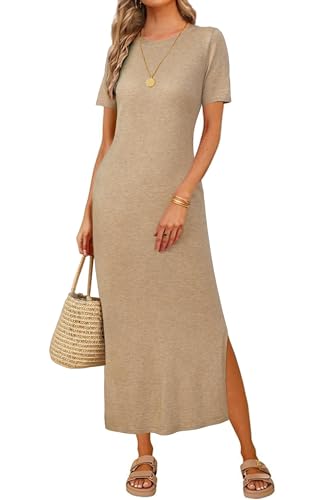 Arach&Cloz Women's Wool Blend Fall Business Casual T Shirts Maxi Dress - color: Kahki, size: X-Large