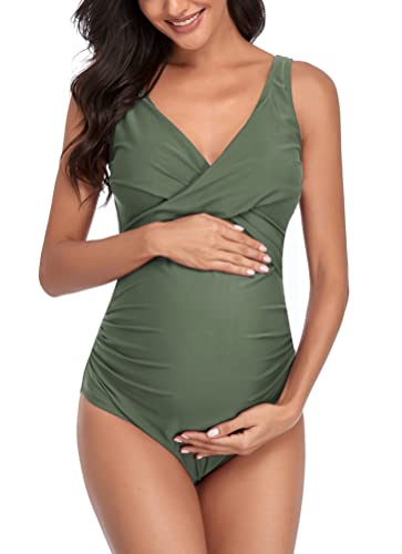 SUMMERSUNSHINE Maternity One Piece Swimwear Front Cross Pregnancy Swimsuit Bathing Suit Maternity Bikini - color: Army Green, size: Medium