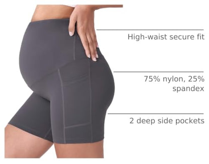 POSHDIVAH Maternity Biker Shorts Over the Belly with Pockets 5"/8" - color: Black Grey, size: Small
