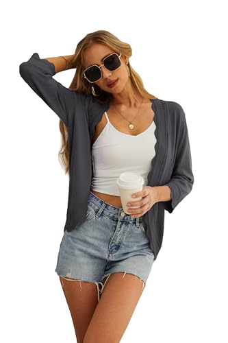 GRECERELLE Women's 3/4 Sleeve Summer Lightweight Knit Cardigan Sweater - color: Dark Gray, size: Large