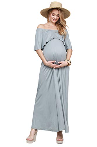 My Bump Women's Ruffle Off The Shoulder Maxi Maternity Dress-Made in USA - color: Blue Grey Solid, size: Medium