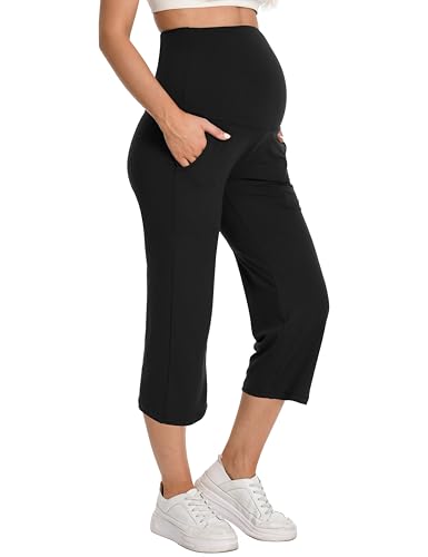 Foucome Maternity Capris Wide Leg Cropped Yoga Pants - color: Black, size: Medium