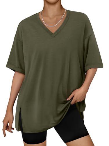 Trendy Queen Plus Size Oversized V Neck Tshirt Tops Workout Wear - color: Army Green, size: XX-Large