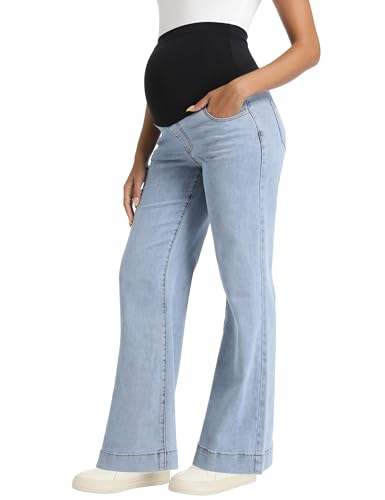 Foucome Maternity Jeans Wide Leg Trendy Pregnancy Denim Pants - color: Light Blue, size: Small