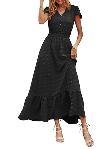 PRETTYGARDEN Womens Dresses 2026 Summer Boho Long Swiss Dot Maxi Dress - color: Black, size: X-Large