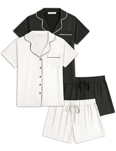 Ekouaer Womens Pajamas Set 2 Pack Button Down Summer Short Sleeve Pjs S-XXL - color: Black/White, size: Large