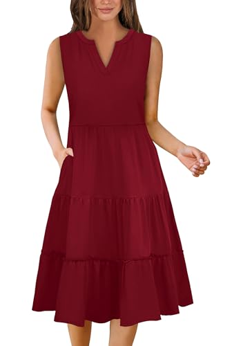 Summer Dresses for Women 2026 Flowy Casual Boho Midi Sun Dress with Pockets - color: Solid-red, size: Medium