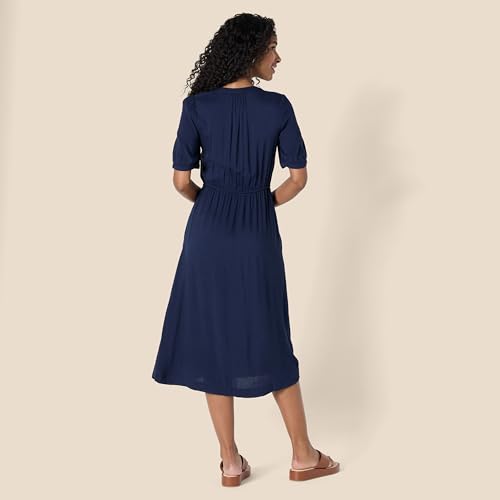 Amazon Essentials Women's Relaxed Fit Half-Sleeve Breathable Button Front Drawstring Waist Midi A-Line Dress with Pockets - color: Navy, size: Large