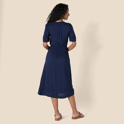 Amazon Essentials Women's Relaxed Fit Half-Sleeve Breathable Button Front Drawstring Waist Midi A-Line Dress with Pockets - color: Navy, size: Medium