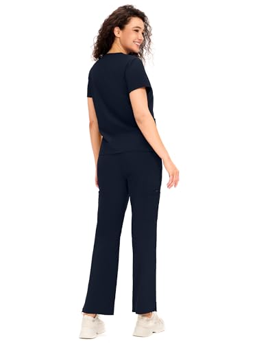 COZYFIT Scrubs for Women - V Neck Top & Cargo Straight Pants 12 Pockets - color: Navy Blue, size: Large