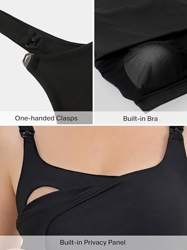 Ecavus Women's Nursing Bras for Breastfeeding Tank Tops with Built in Bra - color: Black, size: Medium
