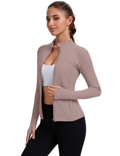 Rapbin Women's Full Zip Workout jackets Runing Slim Fit Athletic Tops With Thumb Holes - color: Cream Coffee, size: Large