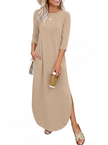 ANRABESS Women’s Air Layer 3/4 Sleeve Fall Maxi Dress & Pockets - color: Almond, size: Medium