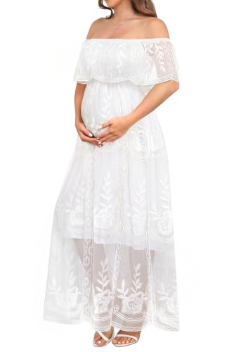Women's Off Shoulder Maternity Dress Swiss Dot Boho Baby Shower Dress - color: White Lace, size: Medium