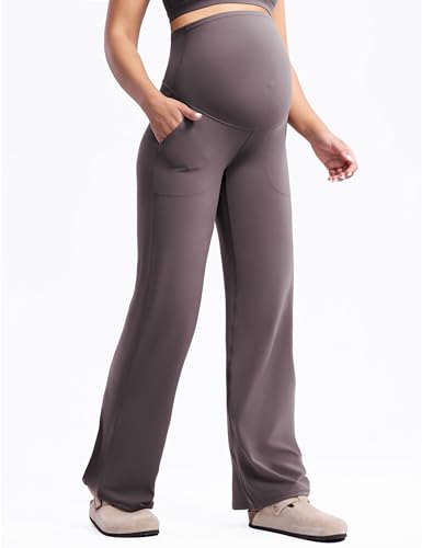 POSHDIVAH Creamluxe Maternity Wide Leg Pants Pregnancy Work Trousers - color: Taupe, size: Medium