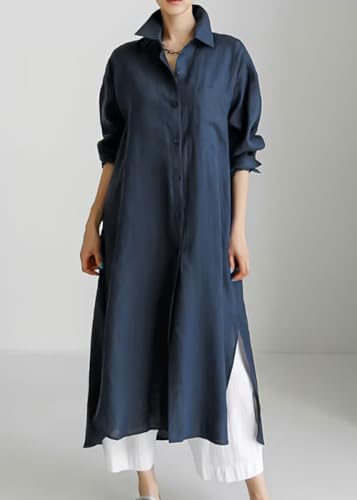 chouyatou Women's Spring Button Down Cotton Shirt Dress Summer Flowy Side Slit Maxi Shift Dress - color: Navy Blue, size: Medium