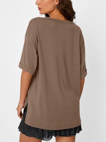 Trendy Queen Plus Size Oversized V Neck Tshirt Tops Workout Wear - color: Brown, size: Small