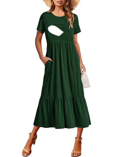 CzzzyL Women Nursing Dress Maternity Maxi Tiered Cocktail with Pockets - color: Deep Green, size: Small