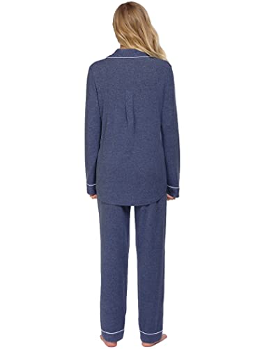 Ekouaer Women's Pajamas Long Sleeve Loungewear Casual Button Down Pjs - color: Dark Blue, size: Medium