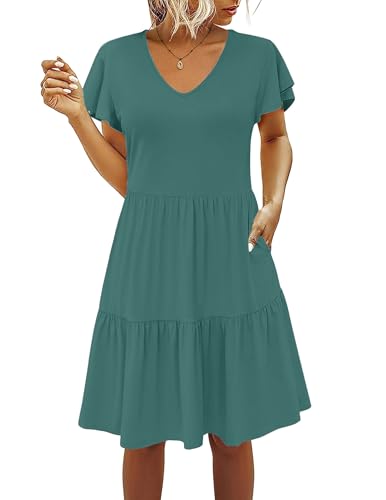 CzzzyL Women's Maternity Nursing Dress Ruffle Cap Sleeve Breastfeeding with Pockets - color: Gray Blue, size: Large
