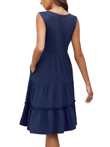 Summer Dresses for Women 2026 Flowy Casual Boho Midi Sun Dress with Pockets - color: Solid-navy, size: Large