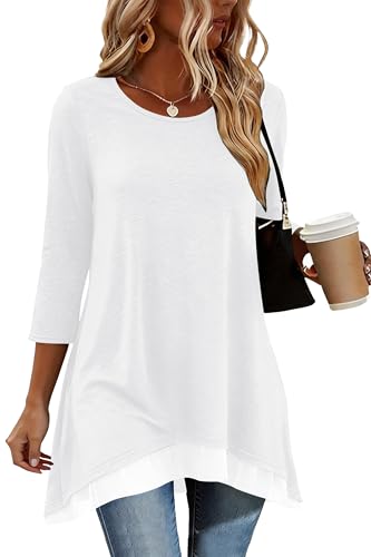 Poetsky Womens 3/4 Sleeve Tunic Tops for Leggings Long Shirts with Pockets - color: White, size: Large