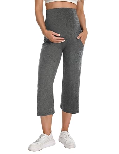 Foucome Maternity Capris Wide Leg Cropped Yoga Pants - color: Melange Grey, size: Medium