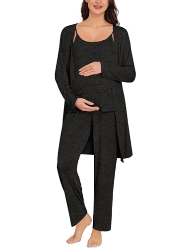 SWOMOG Maternity Pajamas Set 3 PCS Nusing Pajamas Labor and Delivery Gown & Camisole & Pants Postpartum Pjs - color: Black Gray, size: Medium