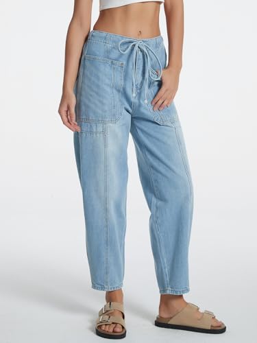 Drawstring Barrel Jeans for Women Elastic Waist Baggy Wide Leg Denim Pants - color: Light Blue, size: X-Large