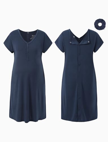 PATPAT Maternity Labor and Delivery Gown, Womens Hospital Gown with Pockets - color: Navy Blue, size: Medium (Fit S/M)
