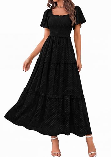 PRETTYGARDEN Womens Summer Dresses Boho Maxi Swiss Dot Dress - color: Black, size: X-Large