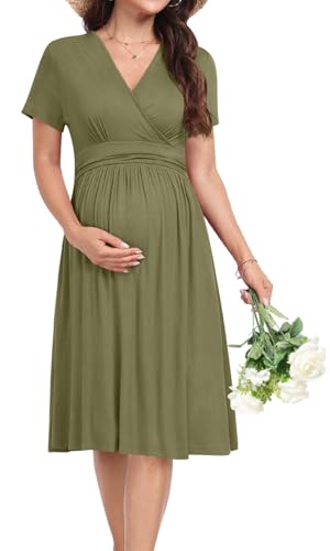 Maternity Dress Summer Wrap Baby Shower Pregnancy Nursing - color: Olive Green, size: 3X-Large