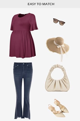 Women's Ruffle Maternity Tops Short Sleeve Wrap Tie Front Shirts Pregnancy Clothes - color: Plum, size: Small