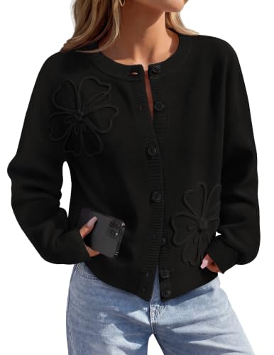 MEROKEETY Women's Fall Floral Button Up Lightweight Cardigan Sweater Trendy - color: Black, size: Medium