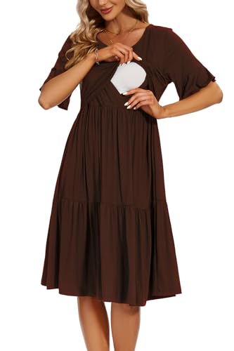 Smallshow Women's Ruffle Maternity Nursing Dress - color: Coffee, size: X-Large