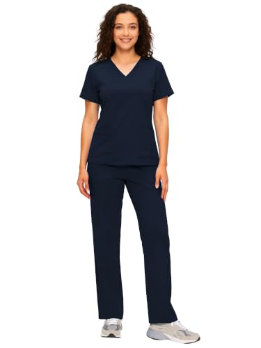 COZYFIT Scrubs for Women - V Neck Top & Cargo Straight Pants 12 Pockets - color: Navy Blue, size: Large