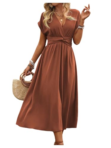 Floerns Women's Wrap V Neck Flowy Midi Dresses Short Sleeve A Line Ruched Beach Dress - color: Rust Brown, size: Large