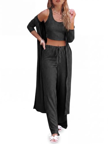 Fessceruna Womens 3 Piece Lounge Pajamas Sets Cute Vacation Matching Set - color: A-black, size: XX-Large