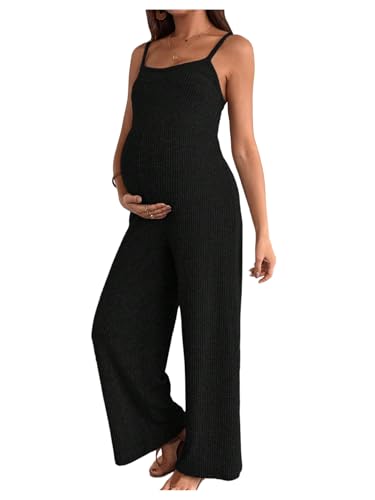 MakeMeChic Women's Maternity Cami Jumpsuit Ribbed Pregnancy Overalls Romper - color: Black, size: Small