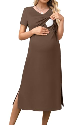 OUGES Womens 2026 Summer Short Sleeve Maternity Nursing Dress V Neck Breastfeeding Split Long Dress Pregnancy Clothes - color: Coffee, size: Large
