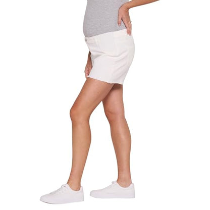Motherhood Maternity Women's Under the Belly Cutoff Denim Pregnancy Shorts with Side Elastic Panel Insets - color: Bright White, size: Medium