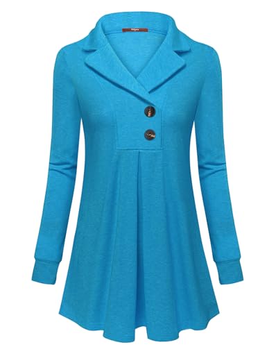 Gaharu Women's Swing Tunic Notch Collar Ladies Button Sweatshirt Long Sleeve Pullover Shirt Tops - color: Blue, size: Medium
