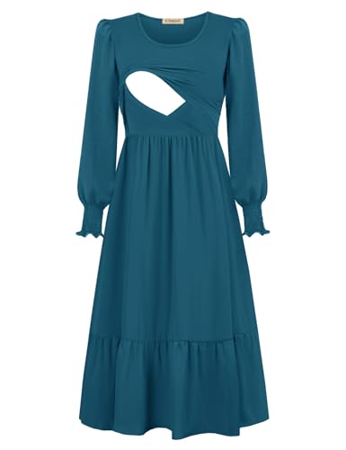 CzzzyL Women Nursing Dresses Crew Neck Fall Maternity Tiered with Pockets - color: Blue, size: Medium