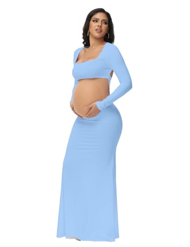 Women's Maternity Elegant Fitted Maxi Dress for Photoshoot - color: Light Blue, size: Small